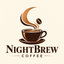 NightBrew Coffee logo featuring a crescent moon, coffee steam, cup, and coffee bean